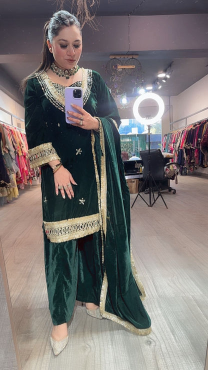 Saudi Bottel Green velvet Mirror work suit