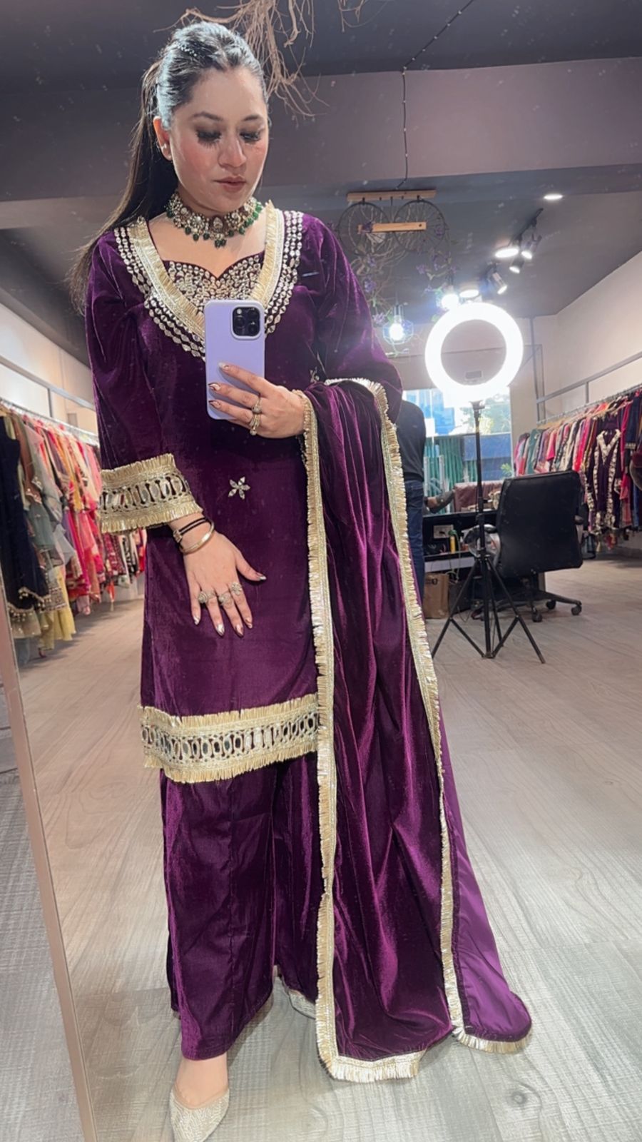 Saudi wine velvet Mirror work suit