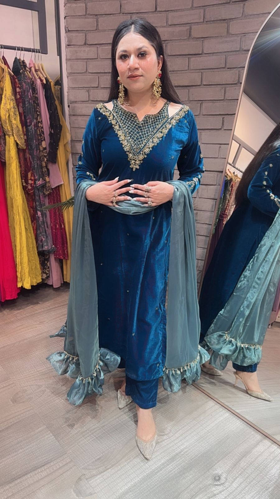 Kabira Teal blue Designer velvet Suit