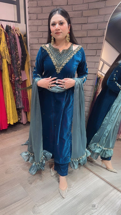 Kabira Teal blue Designer velvet Suit
