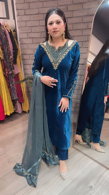 Kabira Teal blue Designer velvet Suit