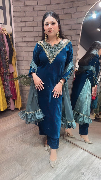 Kabira Teal blue Designer velvet Suit