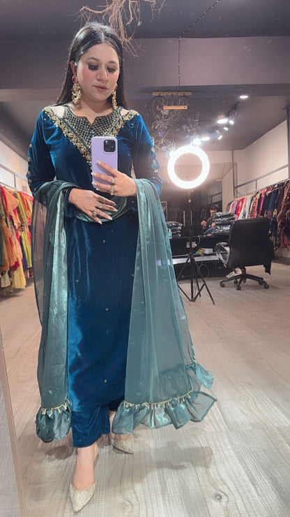 Kabira Teal blue Designer velvet Suit