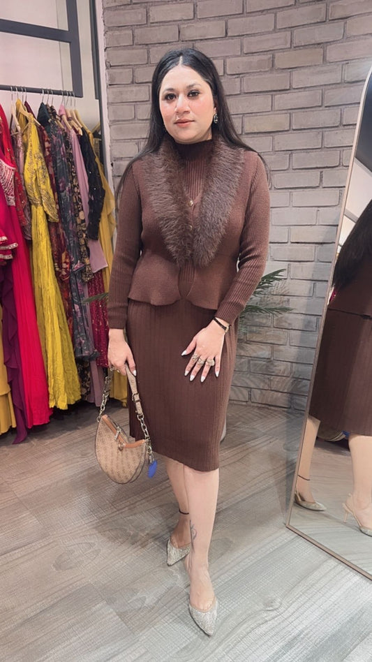 Gufur Brown fur jacket Woolen Dress