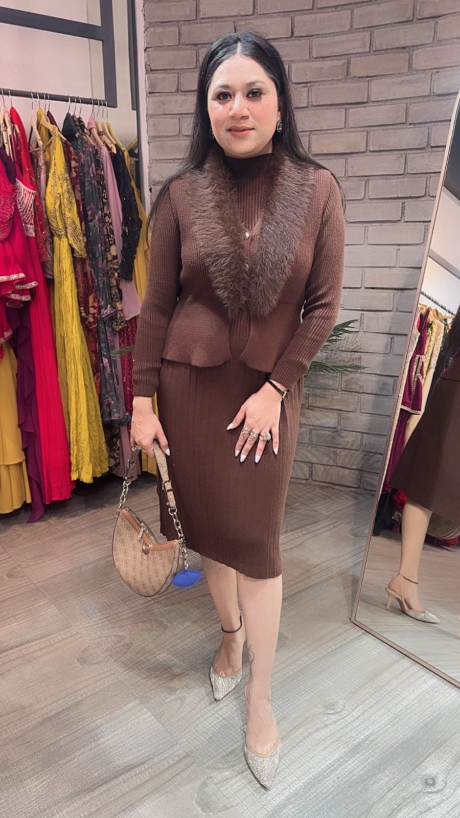 Gufur Brown fur jacket Woolen Dress