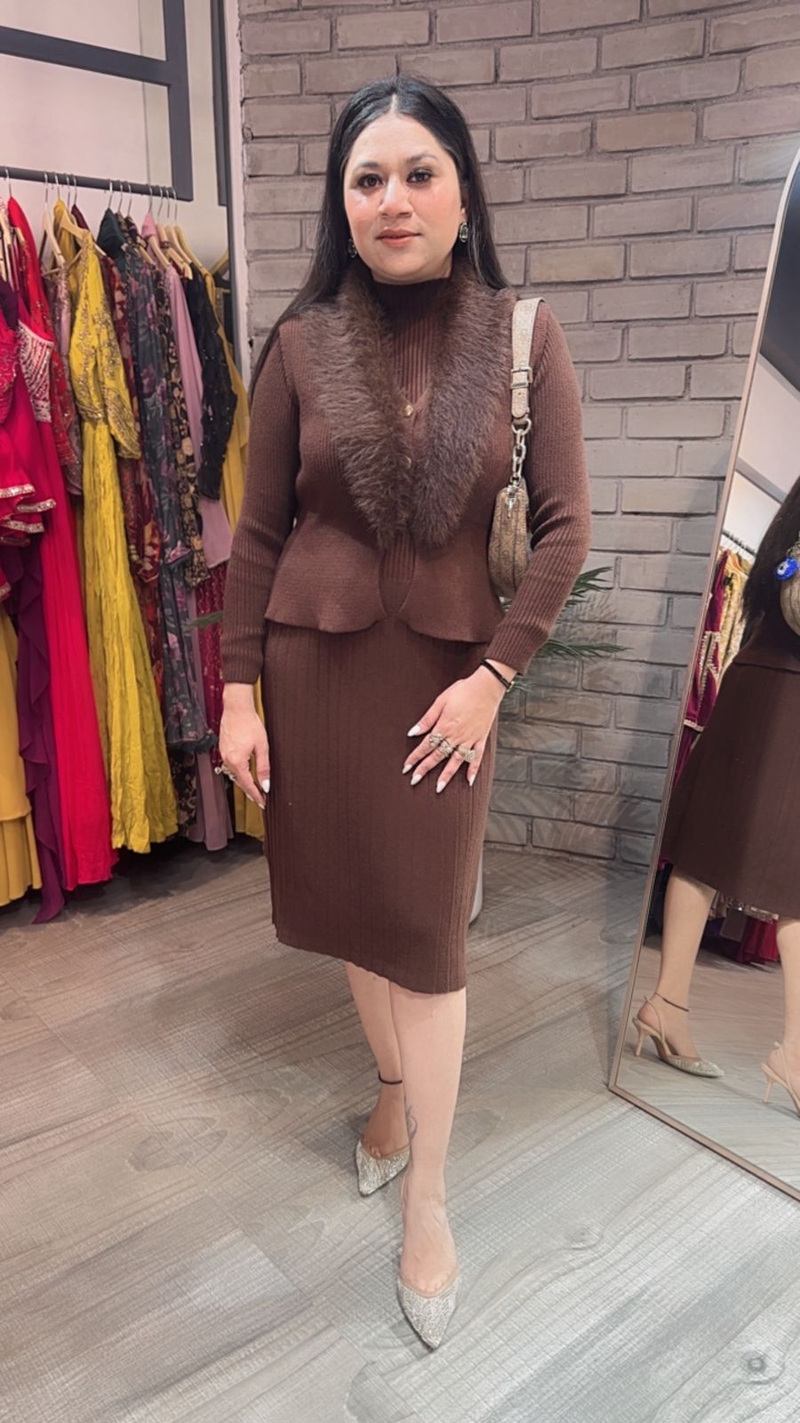 Gufur Brown fur jacket Woolen Dress