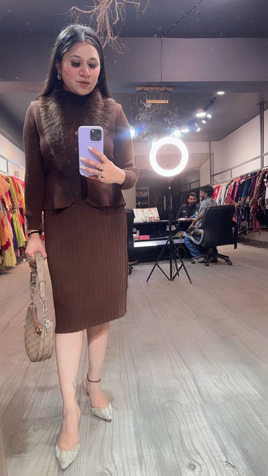 Gufur Brown fur jacket Woolen Dress