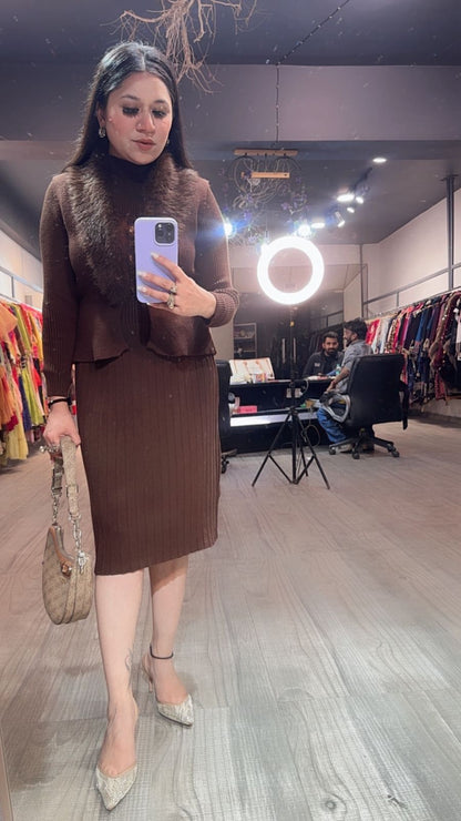 Gufur Brown fur jacket Woolen Dress