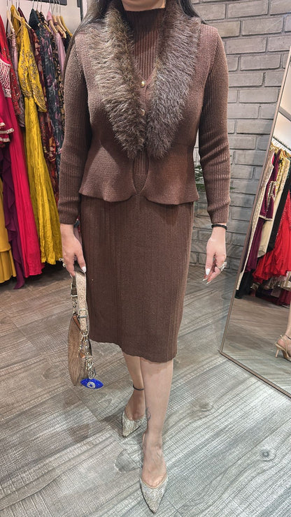 Gufur Brown fur jacket Woolen Dress