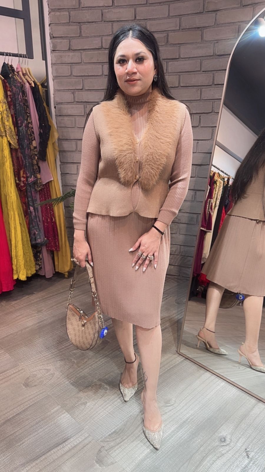 Gufur Beige fur jacket Woolen Dress
