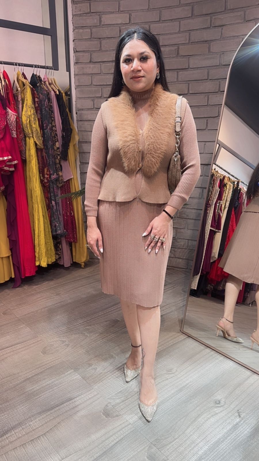 Gufur Beige fur jacket Woolen Dress