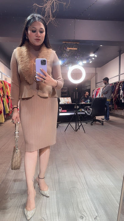 Gufur Beige fur jacket Woolen Dress