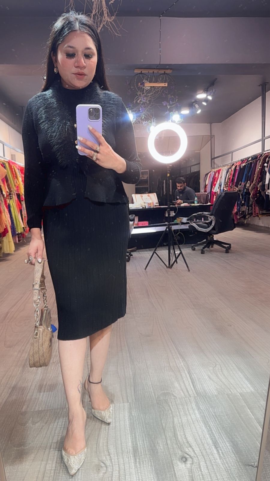 Gufur Black fur jacket Woolen Dress