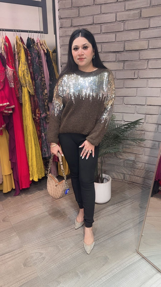 Sparkle Brown sequence Woolen sweater