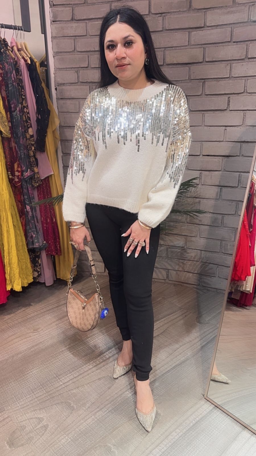 Sparkle ivory sequence Woolen sweater