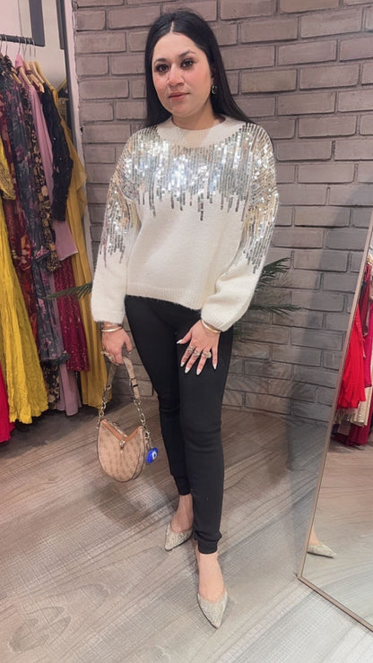 Sparkle ivory sequence Woolen sweater