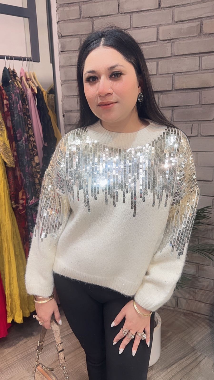 Sparkle ivory sequence Woolen sweater