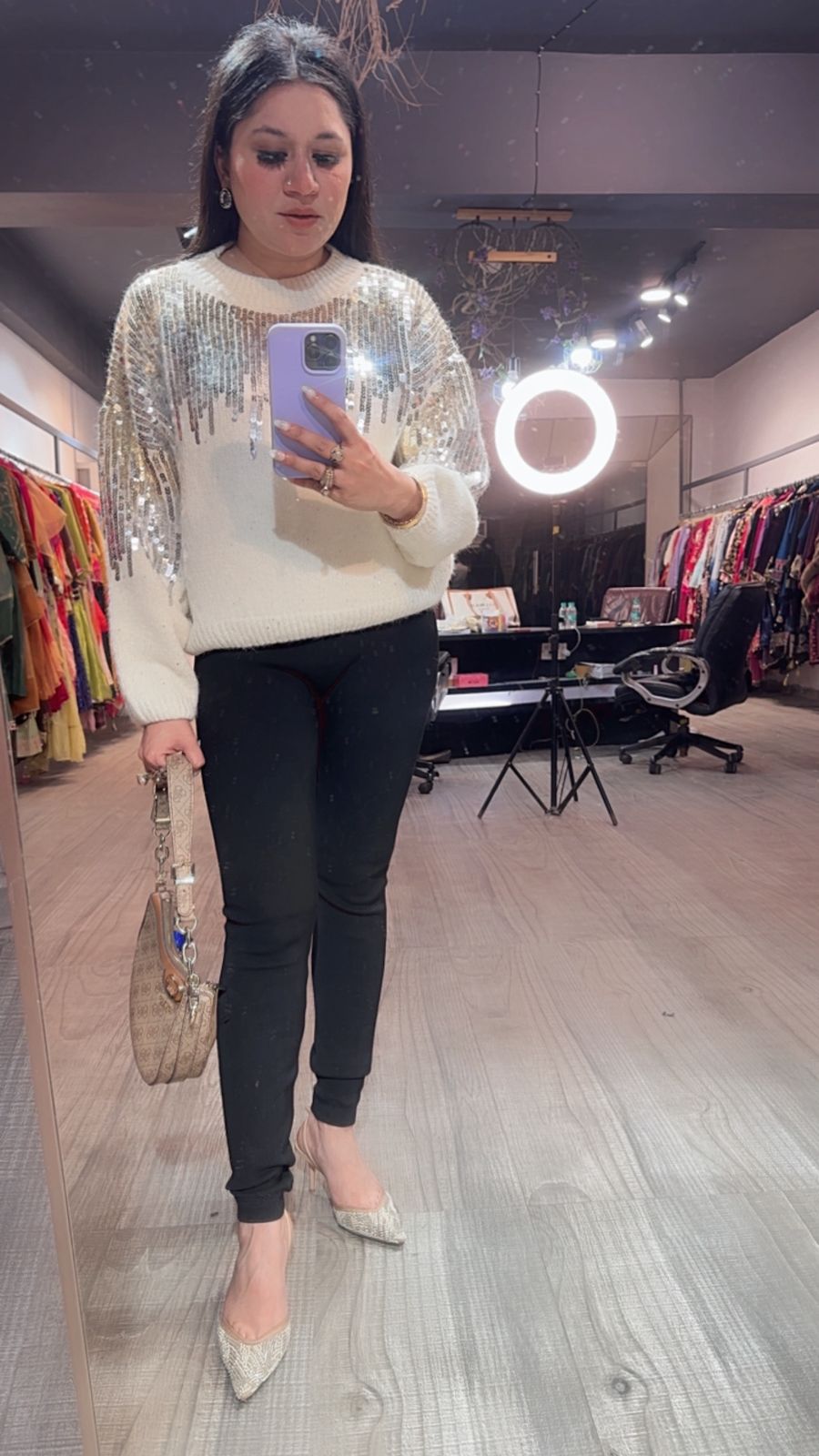 Sparkle ivory sequence Woolen sweater