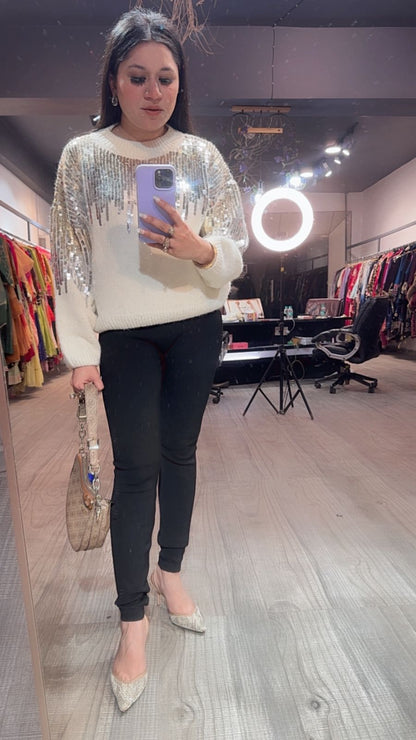 Sparkle ivory sequence Woolen sweater