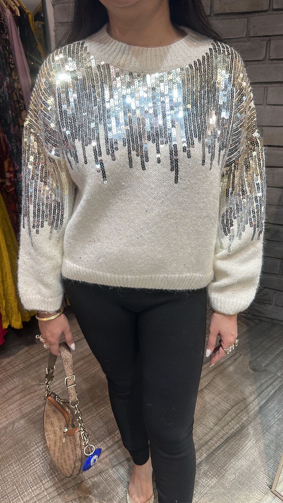 Sparkle ivory sequence Woolen sweater