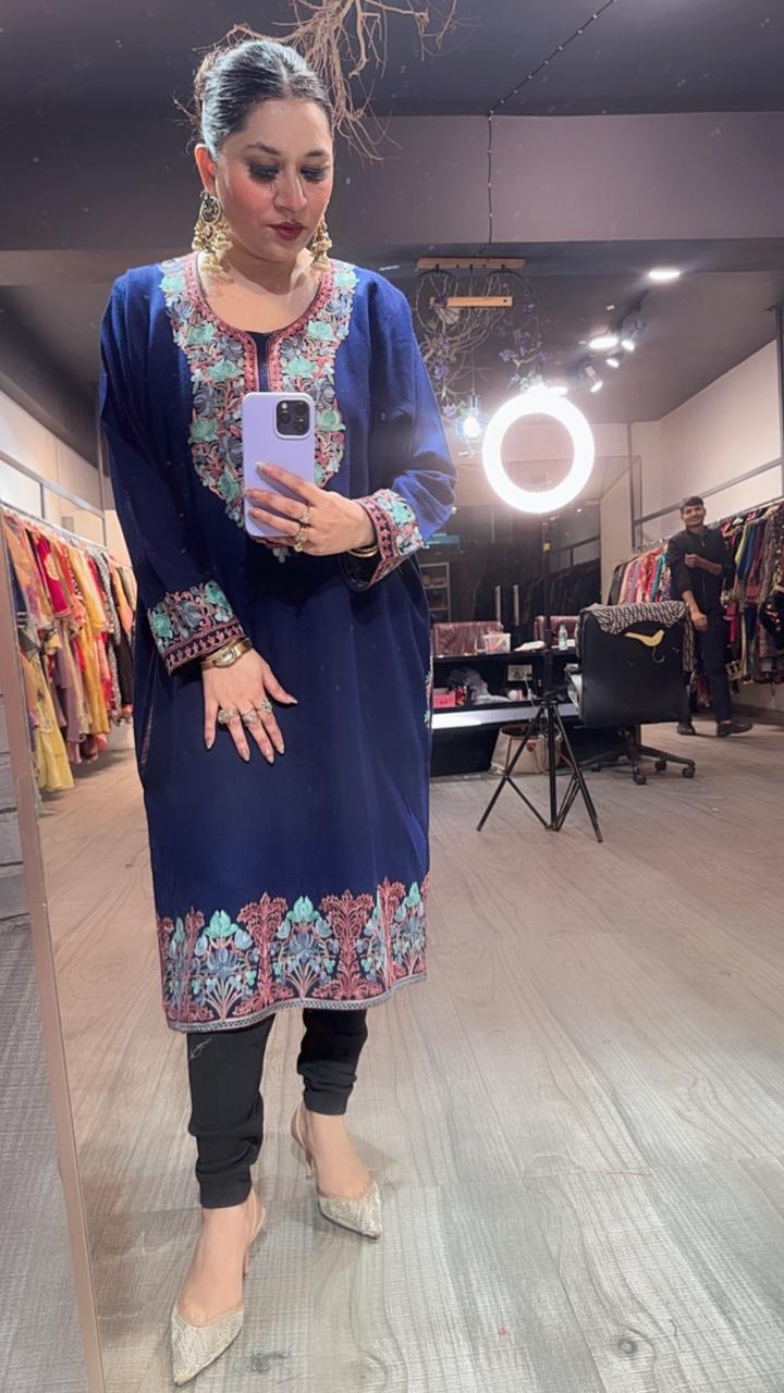 Jammu Navy Blue phiran Thread embroidered