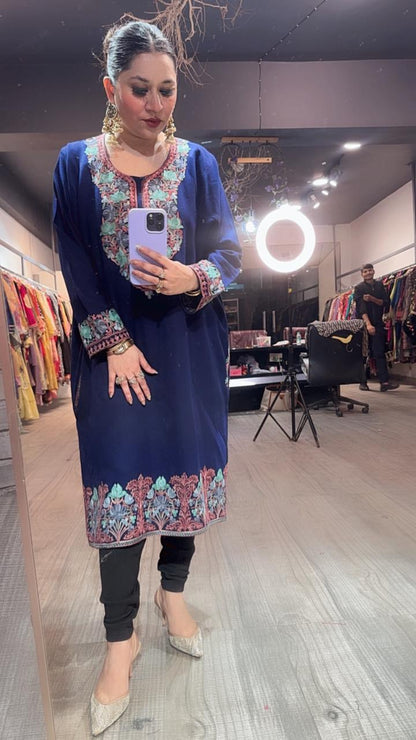 Jammu Navy Blue phiran Thread embroidered