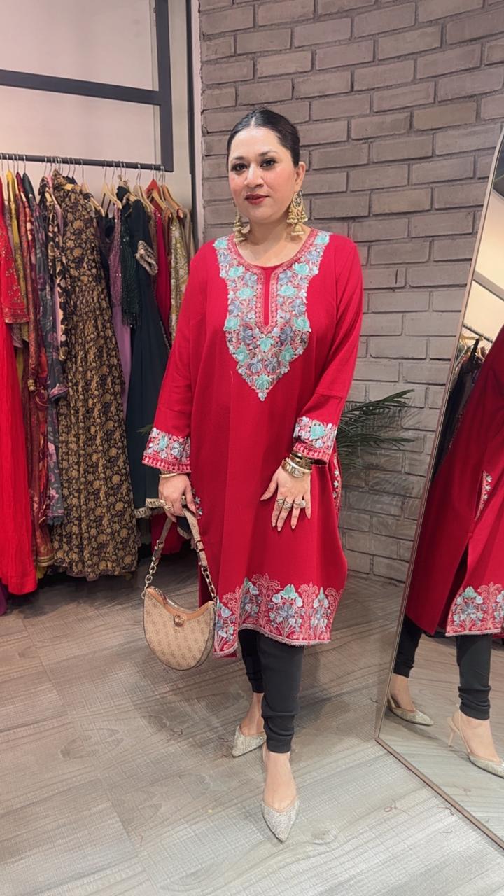 Jammu Red phiran Thread embroidered