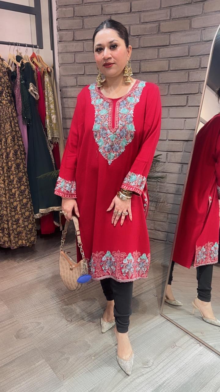 Jammu Red phiran Thread embroidered