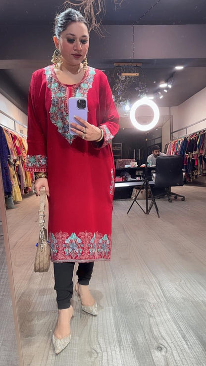 Jammu Red phiran Thread embroidered