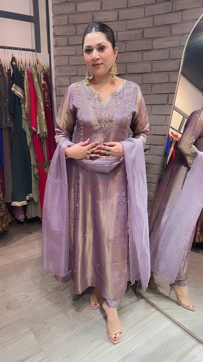 Curry lavander Designer A-Line Cotton Shimmer Suit