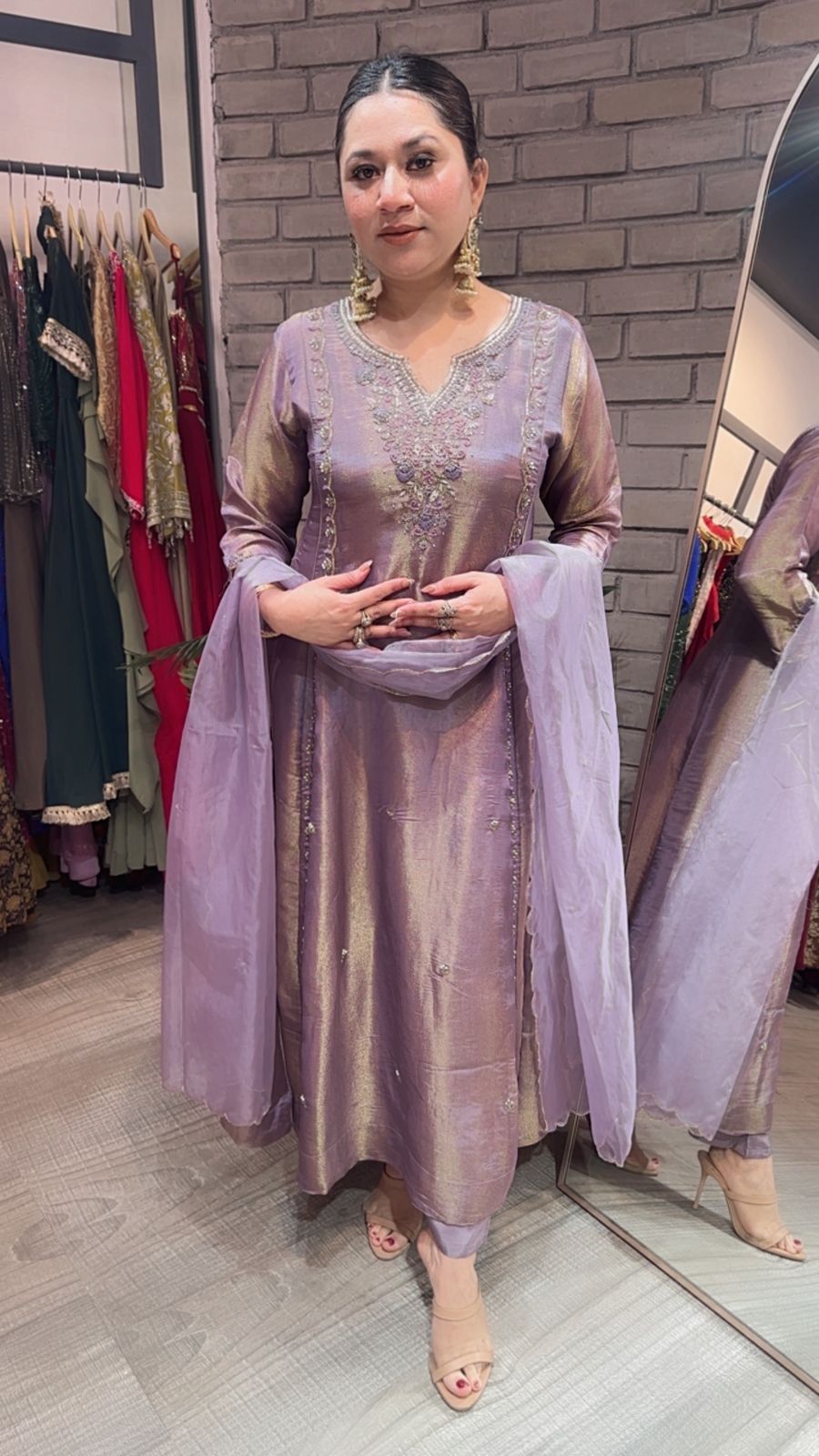 Curry lavander Designer A-Line Cotton Shimmer Suit