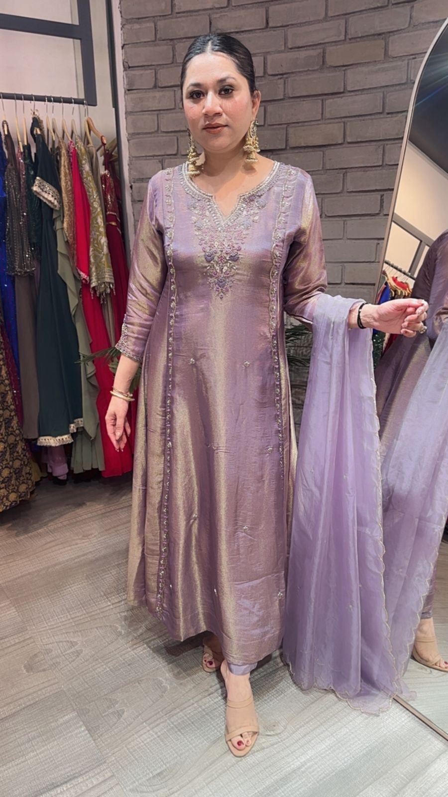 Curry lavander Designer A-Line Cotton Shimmer Suit