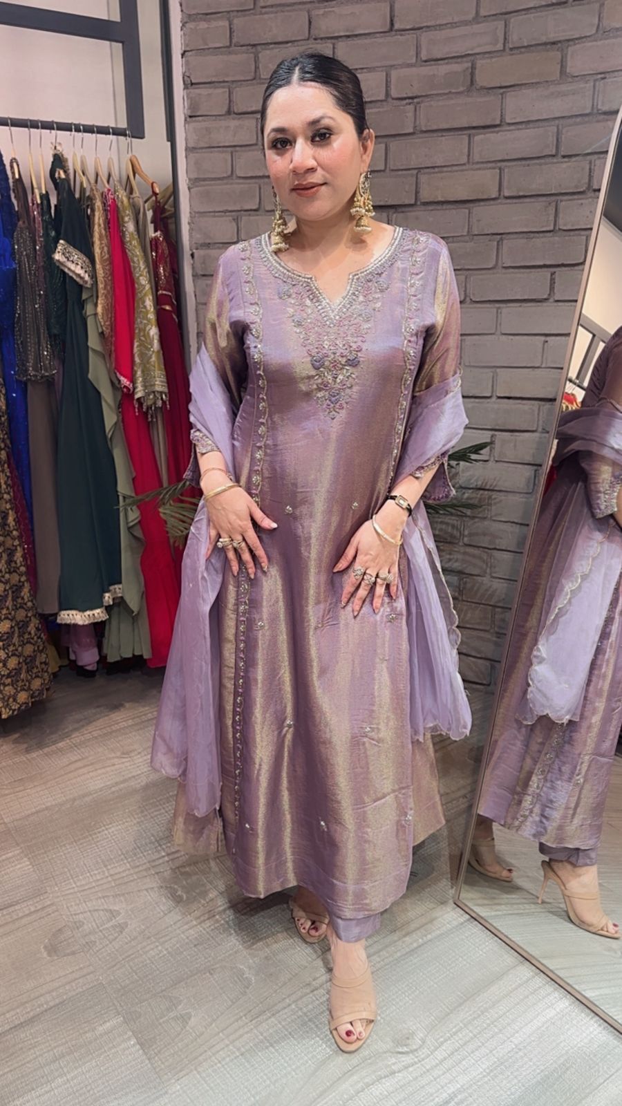 Curry lavander Designer A-Line Cotton Shimmer Suit