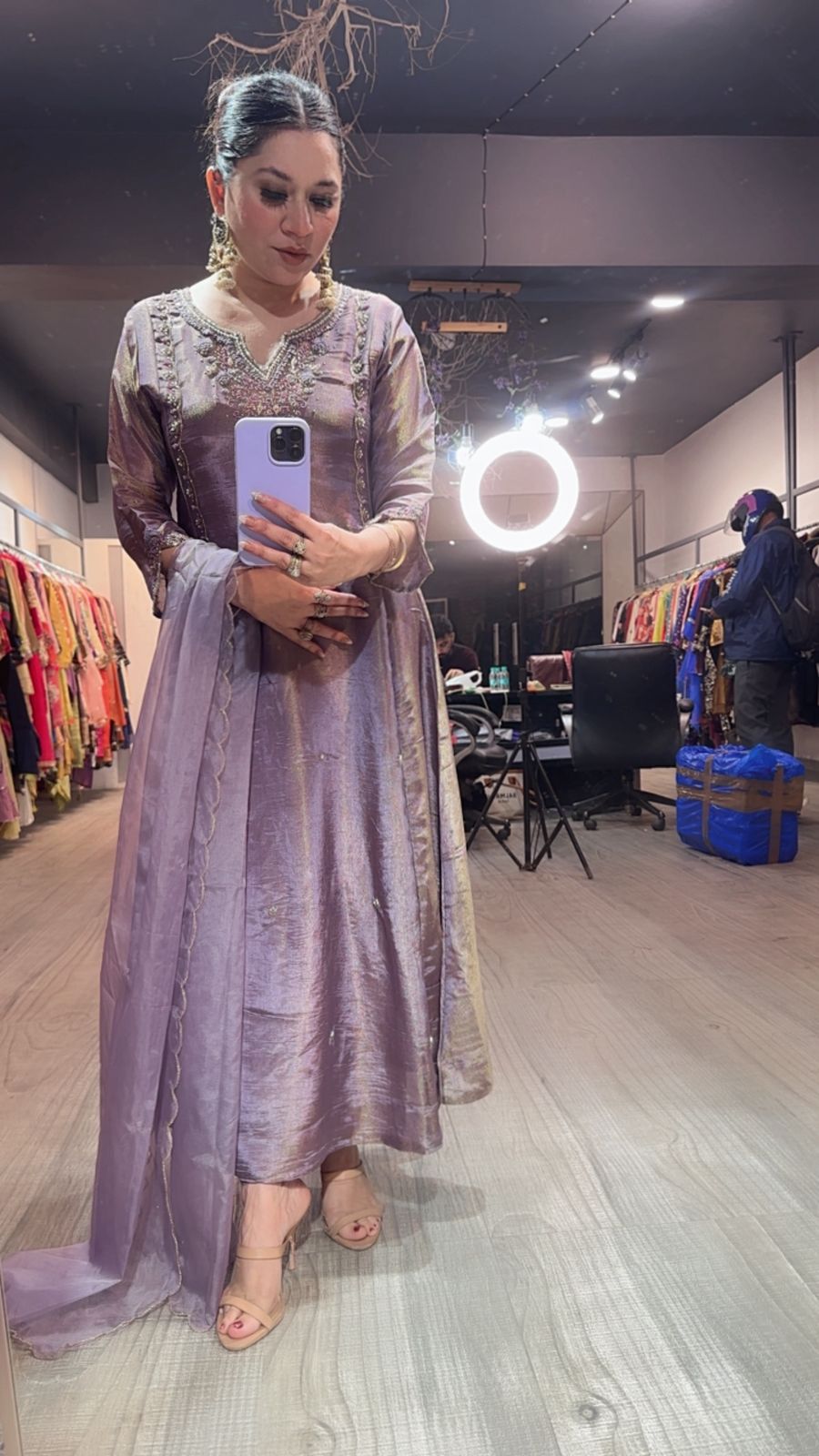 Curry lavander Designer A-Line Cotton Shimmer Suit