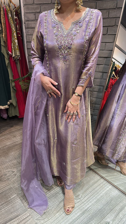 Curry lavander Designer A-Line Cotton Shimmer Suit