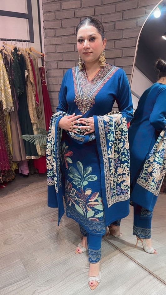 Kali Mirch Teal Blue Woolen Designer suit