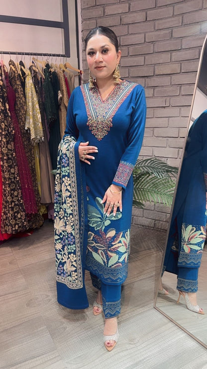 Kali Mirch Teal Blue Woolen Designer suit