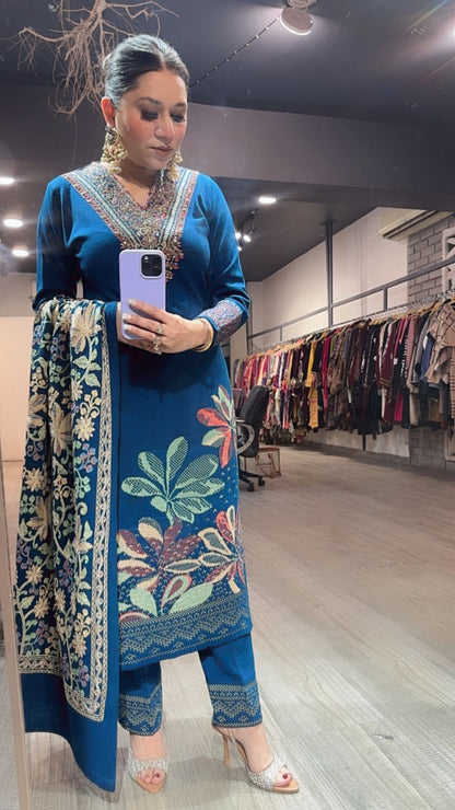 Kali Mirch Teal Blue Woolen Designer suit