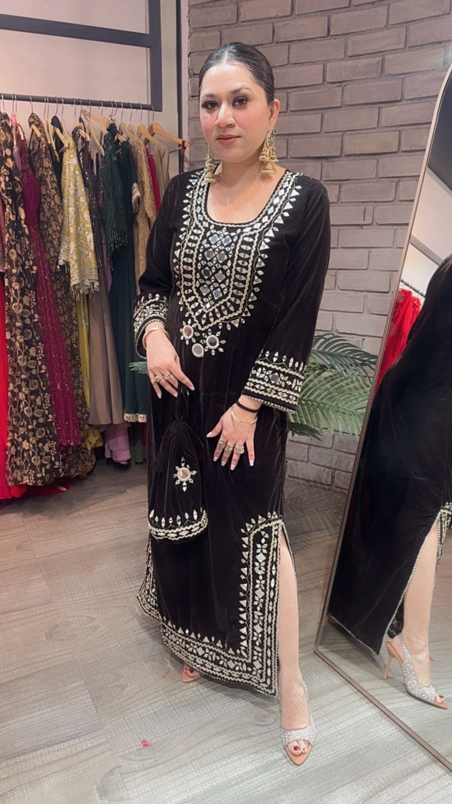 Mumtaaz Coffee Brown Mirror Velvet Dress with Potli