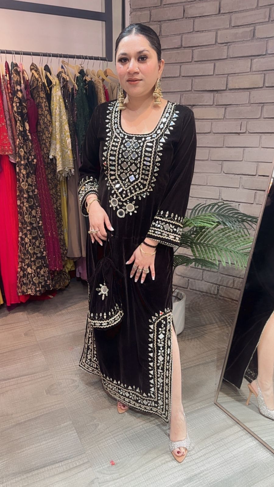 Mumtaaz Coffee Brown Mirror Velvet Dress with Potli