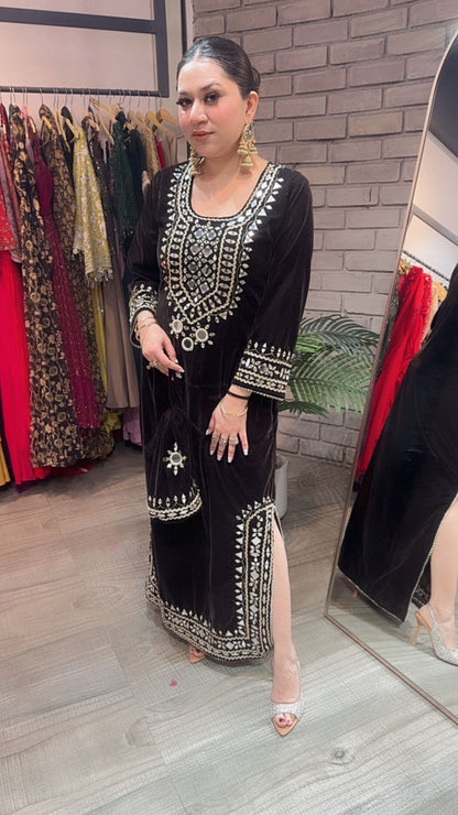 Mumtaaz Coffee Brown Mirror Velvet Dress with Potli