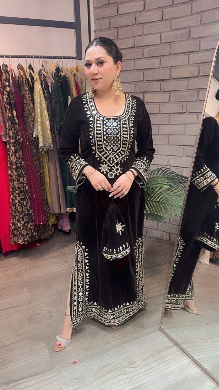 Mumtaaz Coffee Brown Mirror Velvet Dress with Potli