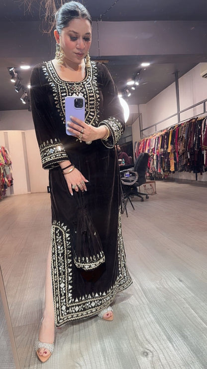 Mumtaaz Coffee Brown Mirror Velvet Dress with Potli