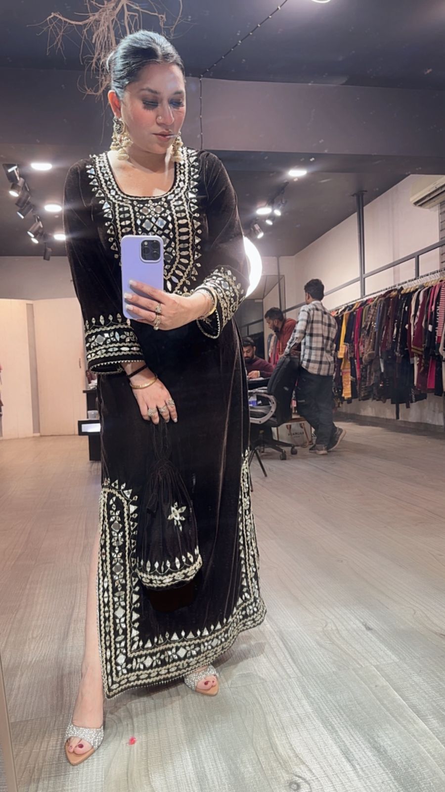 Mumtaaz Coffee Brown Mirror Velvet Dress with Potli