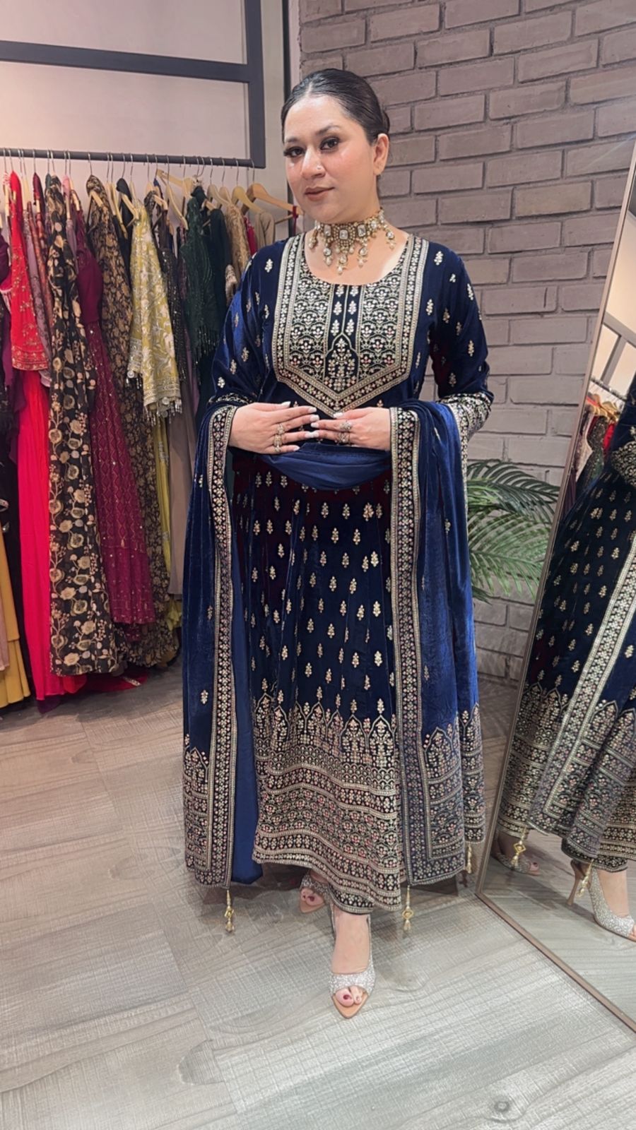 Lohri Navy Blue Emboss Velvet Anarkali