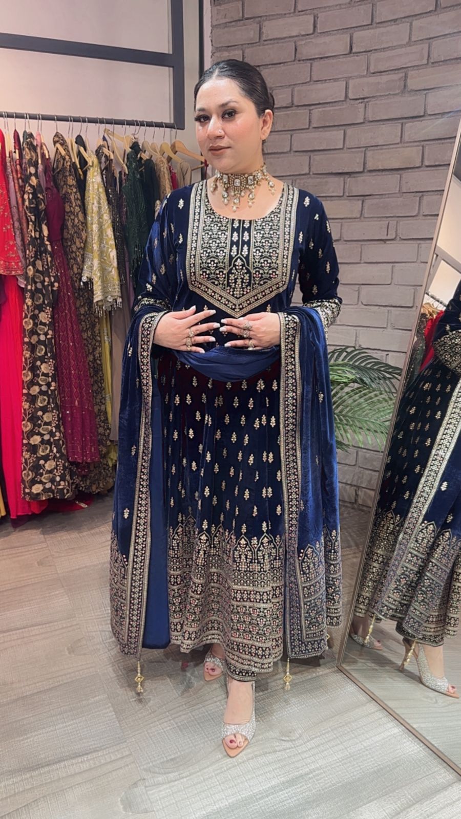 Lohri Navy Blue Emboss Velvet Anarkali