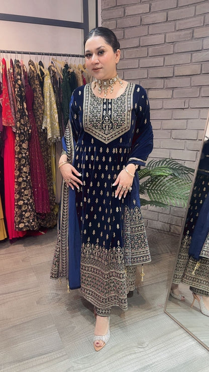 Lohri Navy Blue Emboss Velvet Anarkali