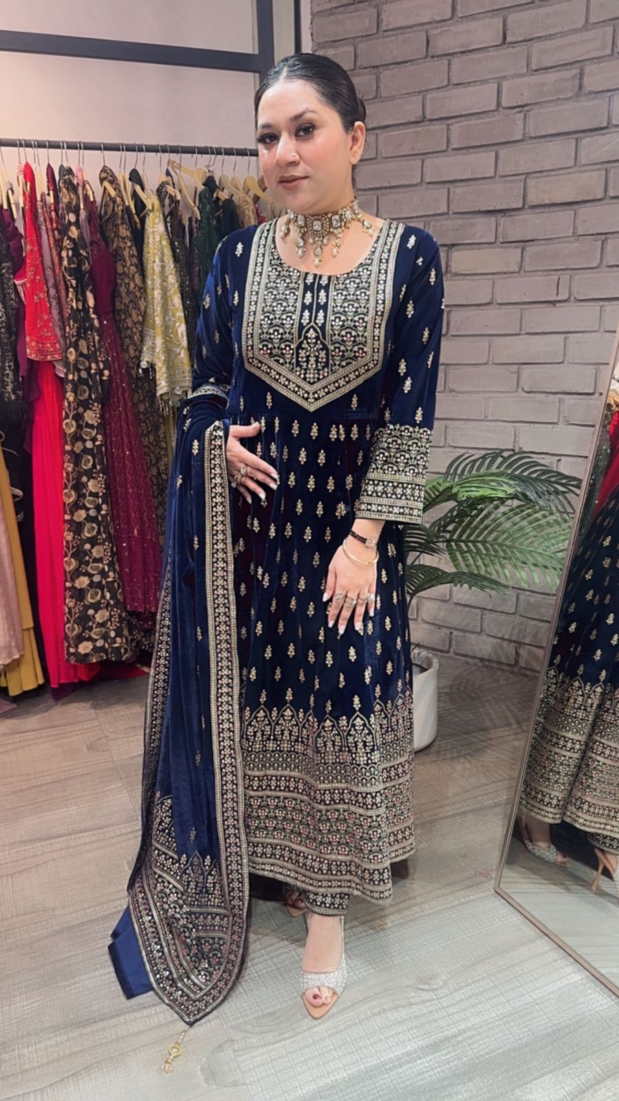 Lohri Navy Blue Emboss Velvet Anarkali