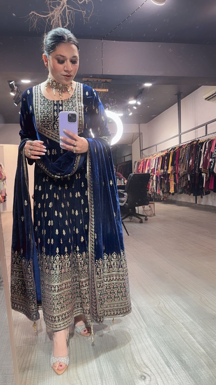 Lohri Navy Blue Emboss Velvet Anarkali