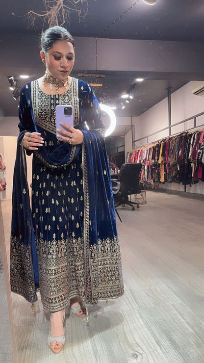 Lohri Navy Blue Emboss Velvet Anarkali